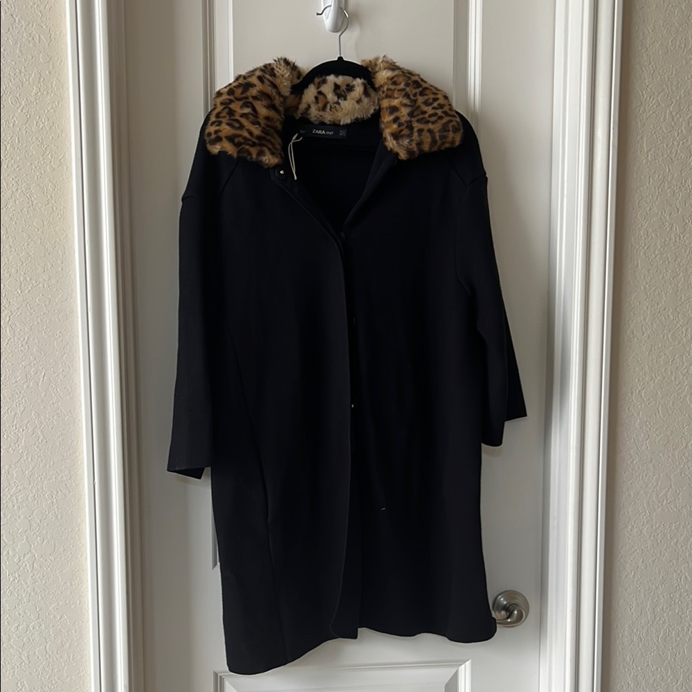 ZARA Black Coat with Leopard Print Collar